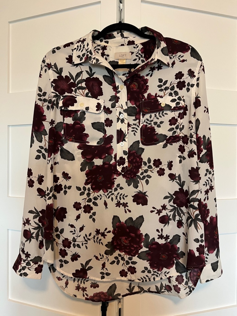 LOFT Burgundy Floral Button-Down Blouse on Cream